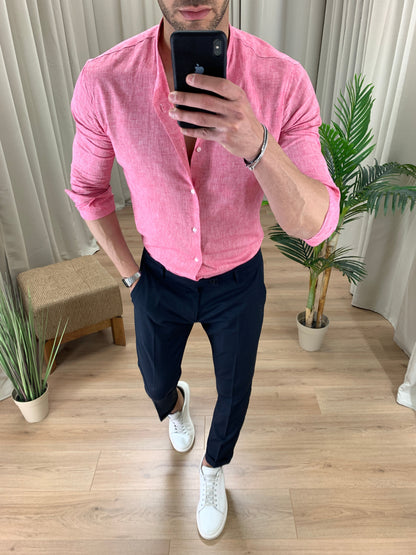 Camicia Taormina in Lino collo alla coreana col. Rosa