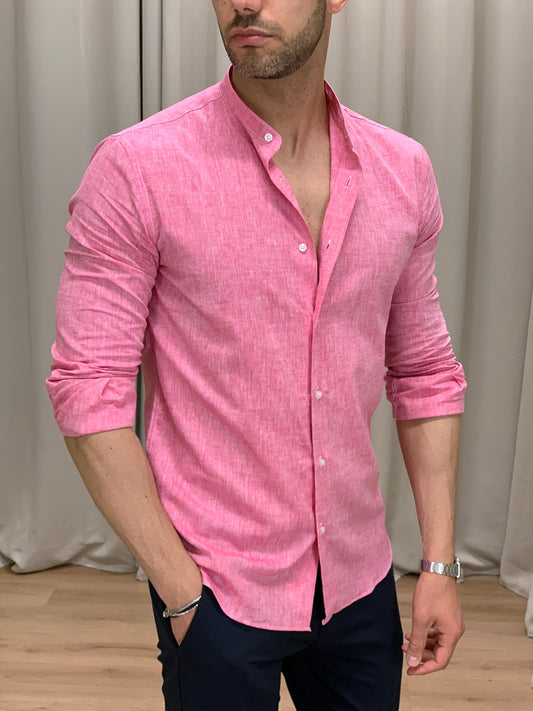 Camicia Taormina in Lino collo alla coreana col. Rosa