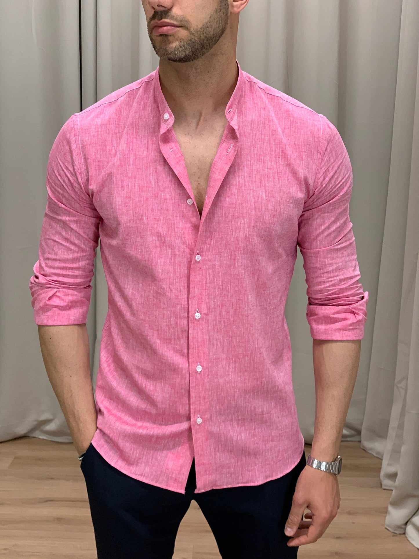 Camicia Taormina in Lino collo alla coreana col. Rosa