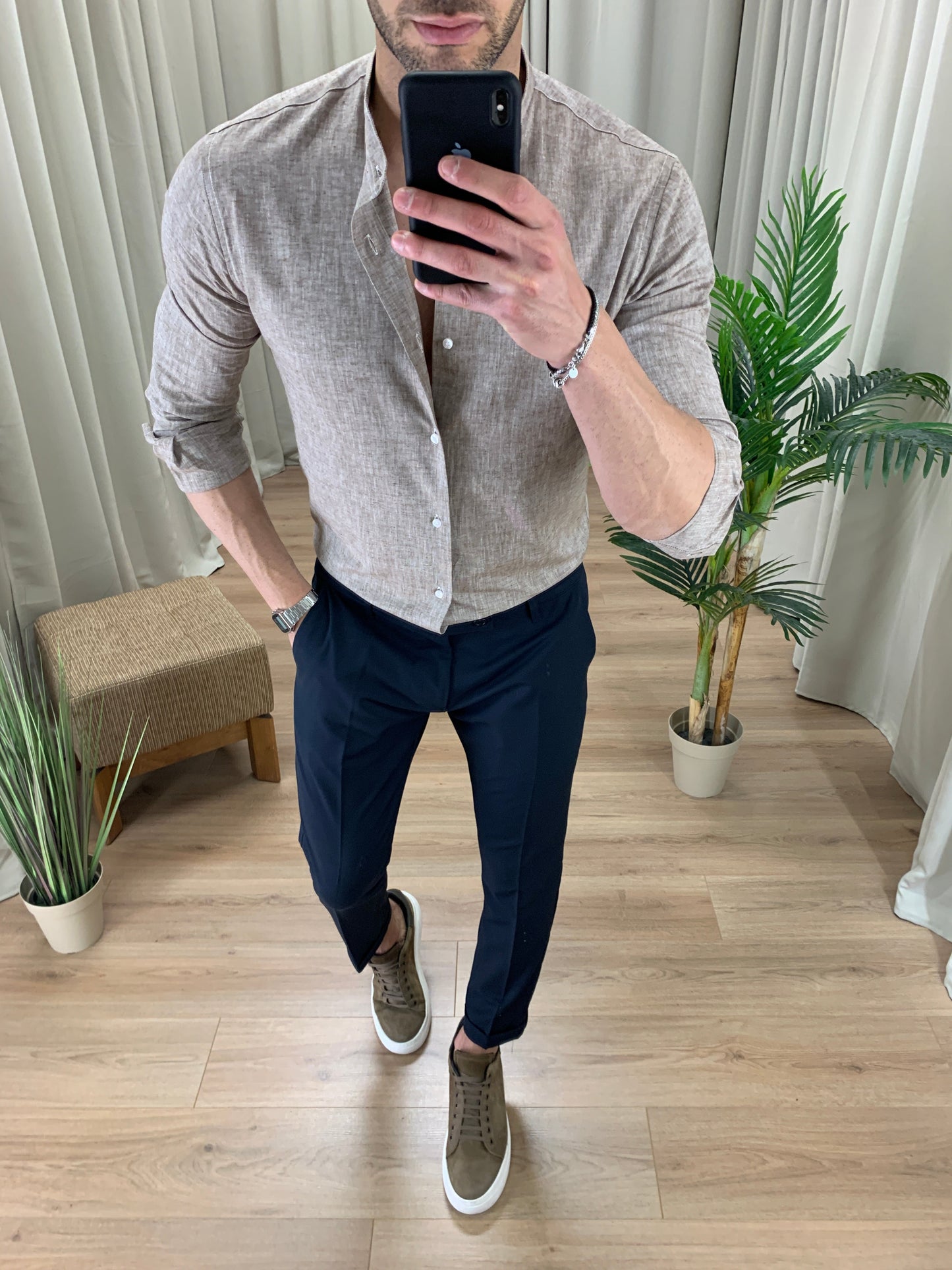 Camicia Taormina in Lino collo alla coreana col. Tortora