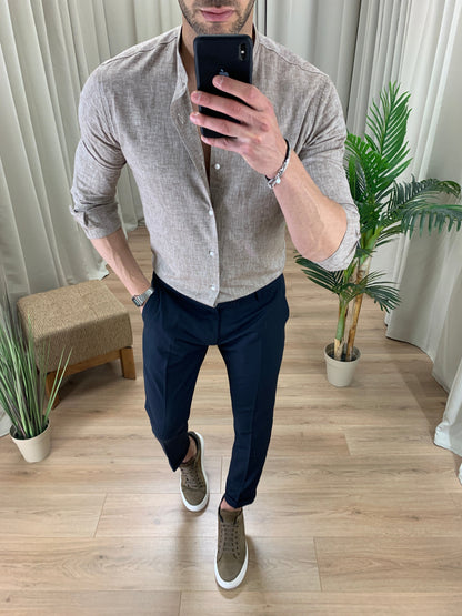 Camicia Taormina in Lino collo alla coreana col. Tortora