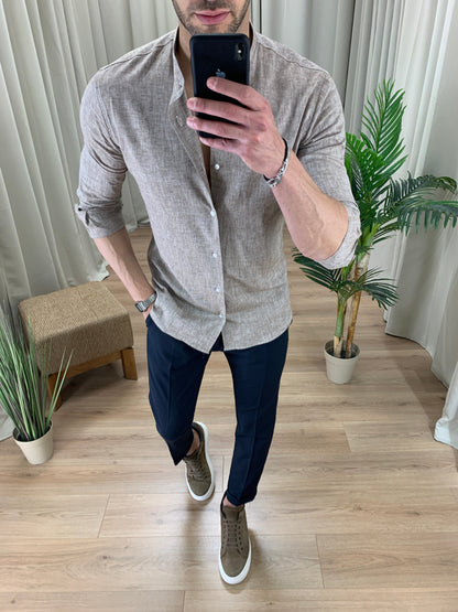 Camicia Taormina in Lino collo alla coreana col. Tortora