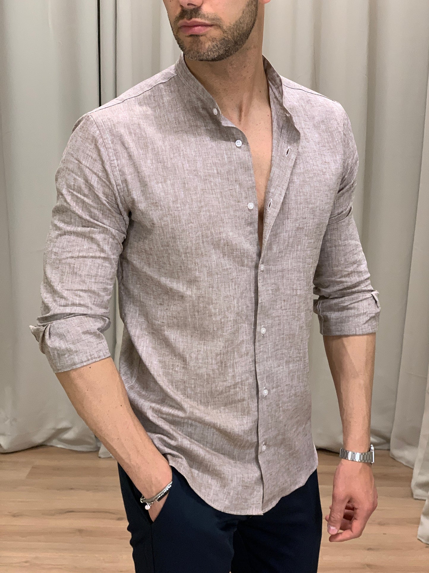 Camicia Taormina in Lino collo alla coreana col. Tortora