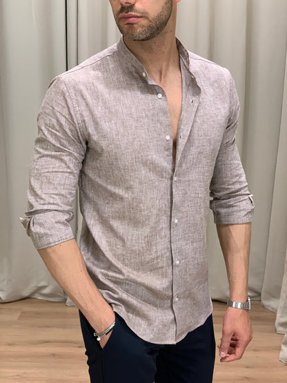 Camicia Taormina in Lino collo alla coreana col. Tortora