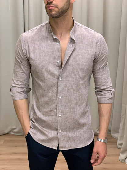 Camicia Taormina in Lino collo alla coreana col. Tortora